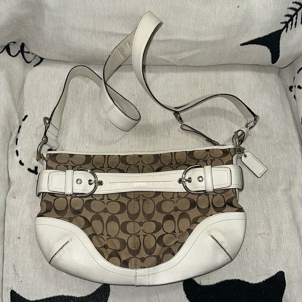 Coach tan and brown signature canvas w/ white leather details crossbody damaged